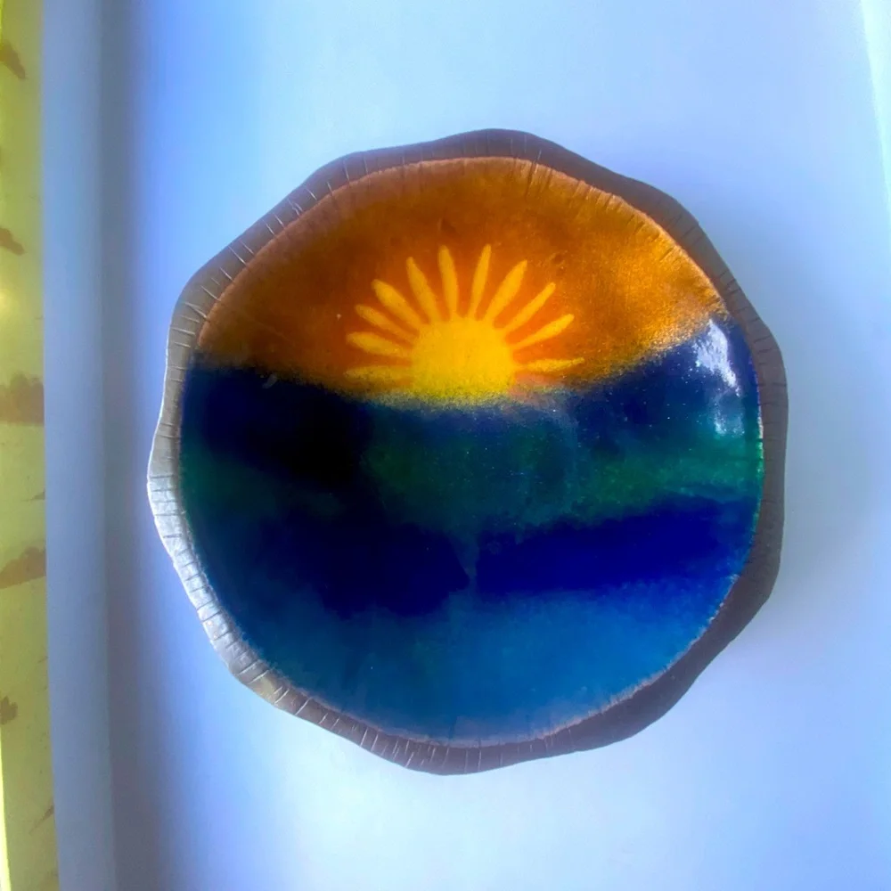 Mid Century Modern Enamel Over Copper Sunset Footed Trinket Dish - Picture 5 of 9